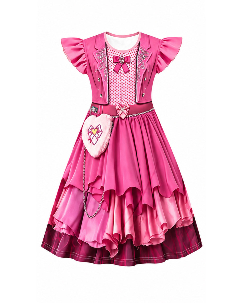 Girls Wonderland Red Princess Costume 3D Print Pink Princess Chloe Dress and Bag for Dress-up Party