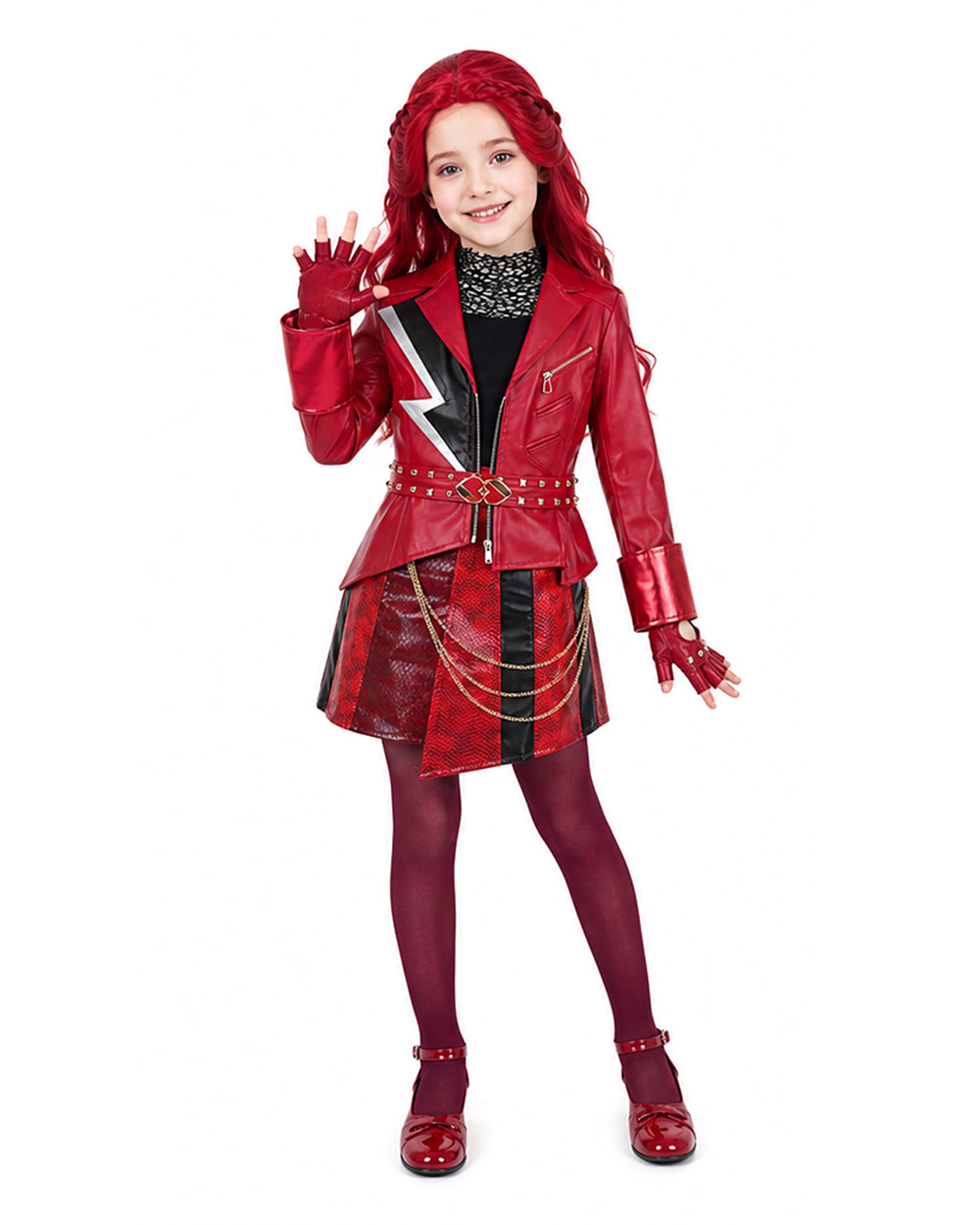Women Red Princess Costume PU Leather Jacket Skirt Pants and Accessories 6pcs Suit for Halloween Carnival