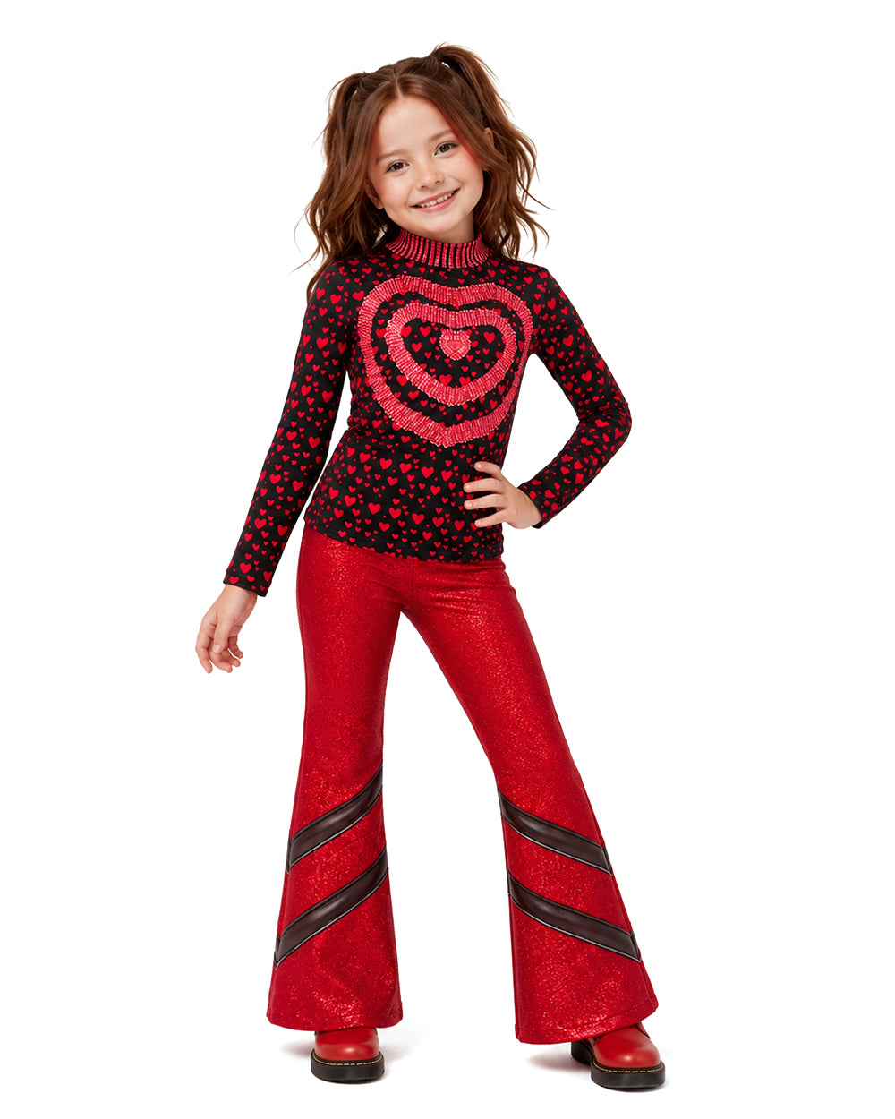 Kids Princess Red Costume Movie 5 Red Heart Cropped Tops Shirt Flared Pants and Skirt for Themed Party
