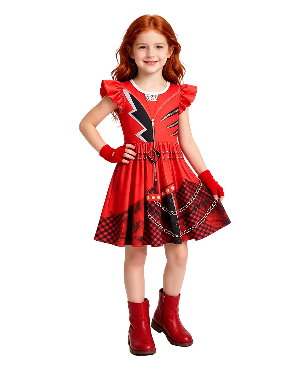 Girls Red Princess Costume Wonderland Dress Red Heart Gloves and Wig 3pcs Suit for Halloween Carnival