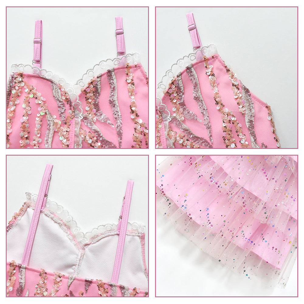 Girls Glinda Costume Pink Glinda Cosplay Outfit Sequins Party Dress Up