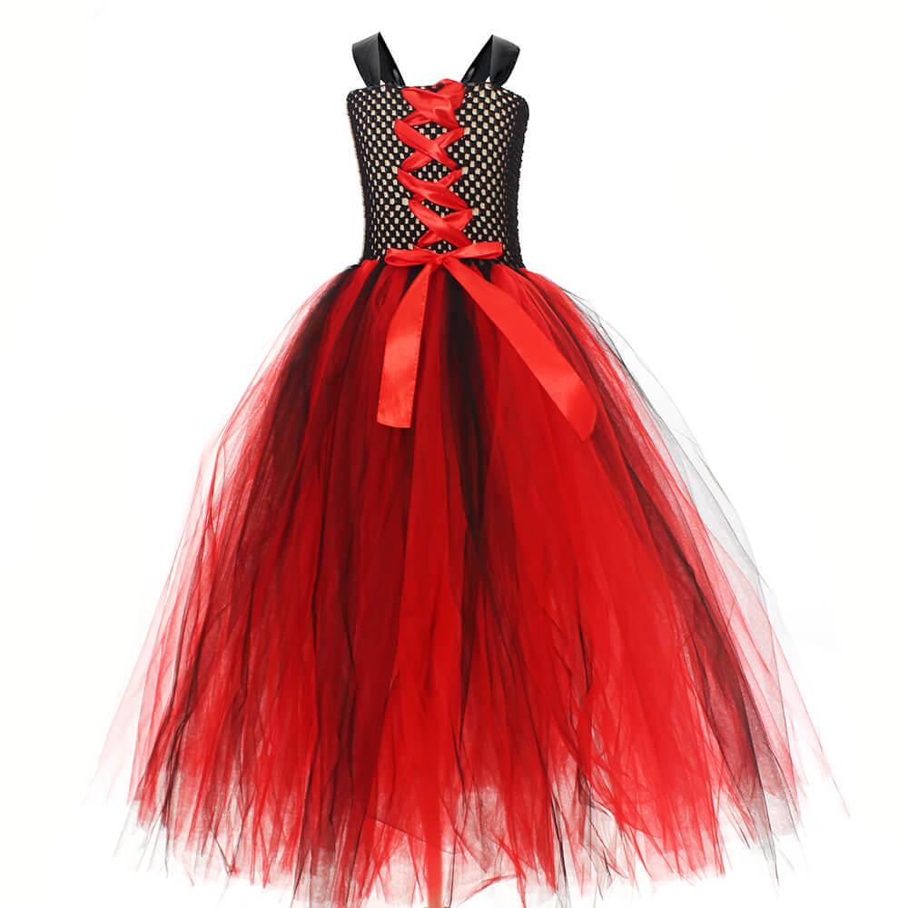 Girls Vampire Costume Red Gothic Medieval Queen Tutu Dress and Accessories for Kids Halloween Cosplay