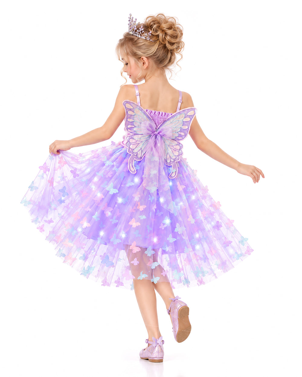Girls Light Up Dress Sparkly Fairy Butterfly Tulle Dress with 3D Wing and Lights for Halloween Carnival Birthday Parties