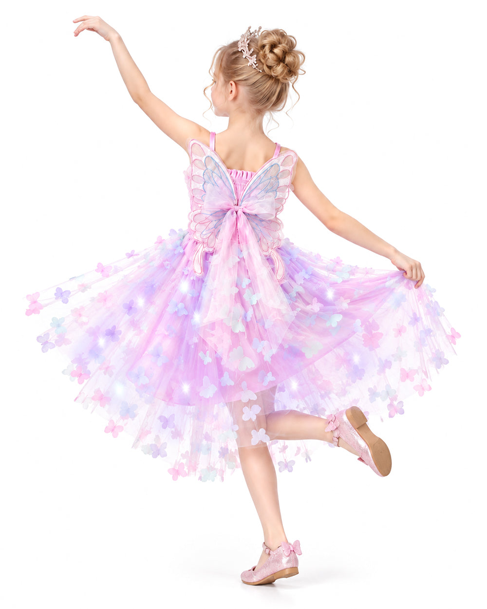 Girls Light Up Dress Sparkly Fairy Butterfly Tulle Dress with 3D Wing and Lights for Halloween Carnival Birthday Parties
