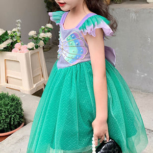 2023 Ariel Dress for Girls Princess Little Mermaid Costume Flying Sleeve Multi-layered Tutu Dress for Halloween