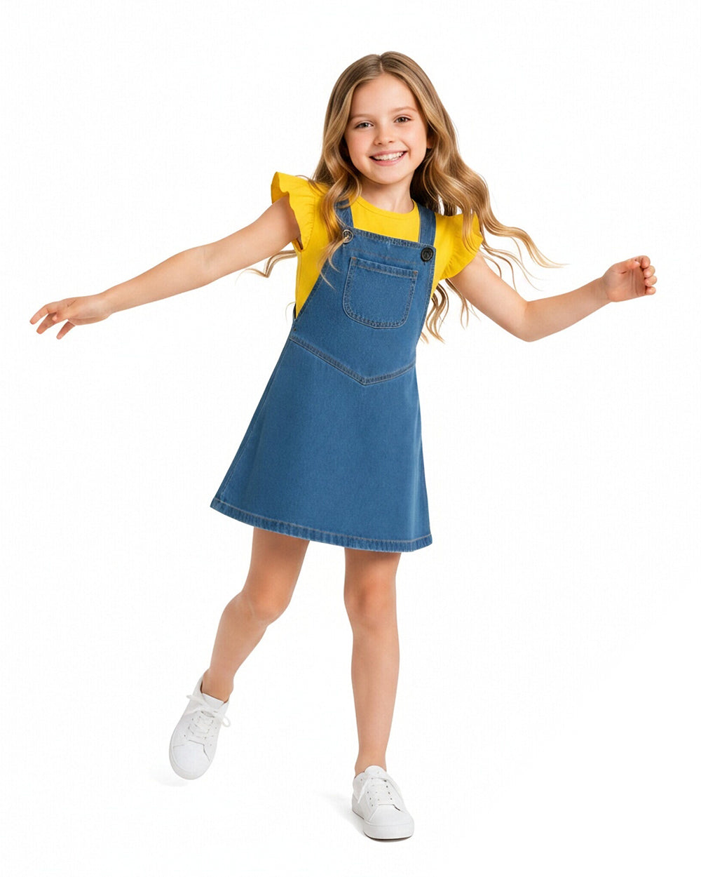 Girls Yellow Monster Costume Cute T-shirt and Denim Dress 2pcs Set for Cosplay Party Daily Wear