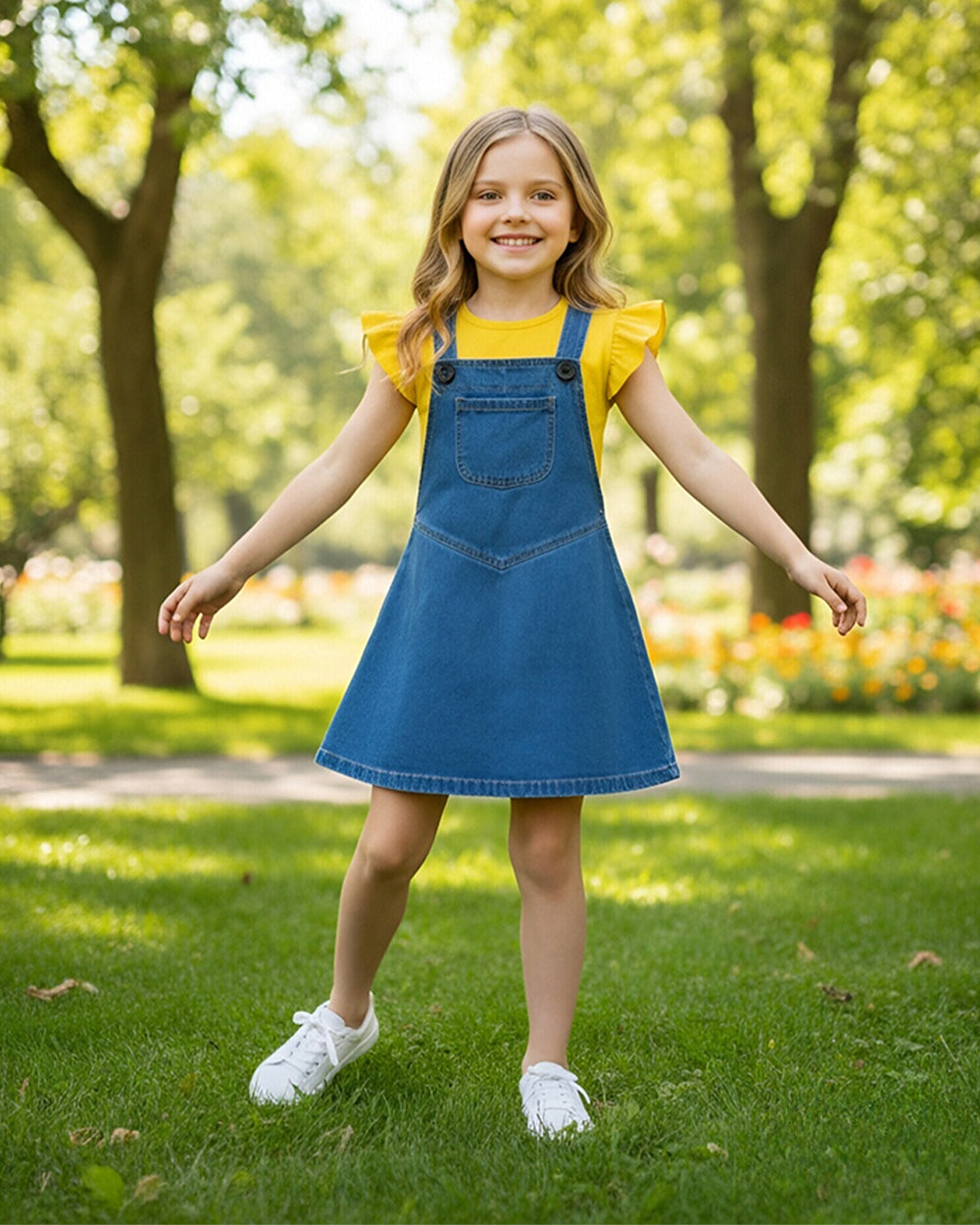 Girls Yellow Monster Costume Cute T-shirt and Denim Dress 2pcs Set for Cosplay Party Daily Wear