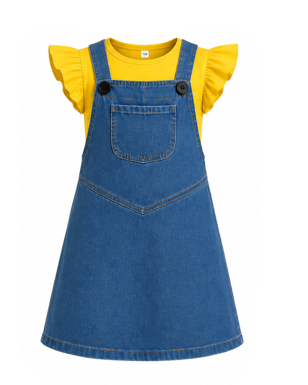 Girls Yellow Monster Costume Cute T-shirt and Denim Dress 2pcs Set for Cosplay Party Daily Wear