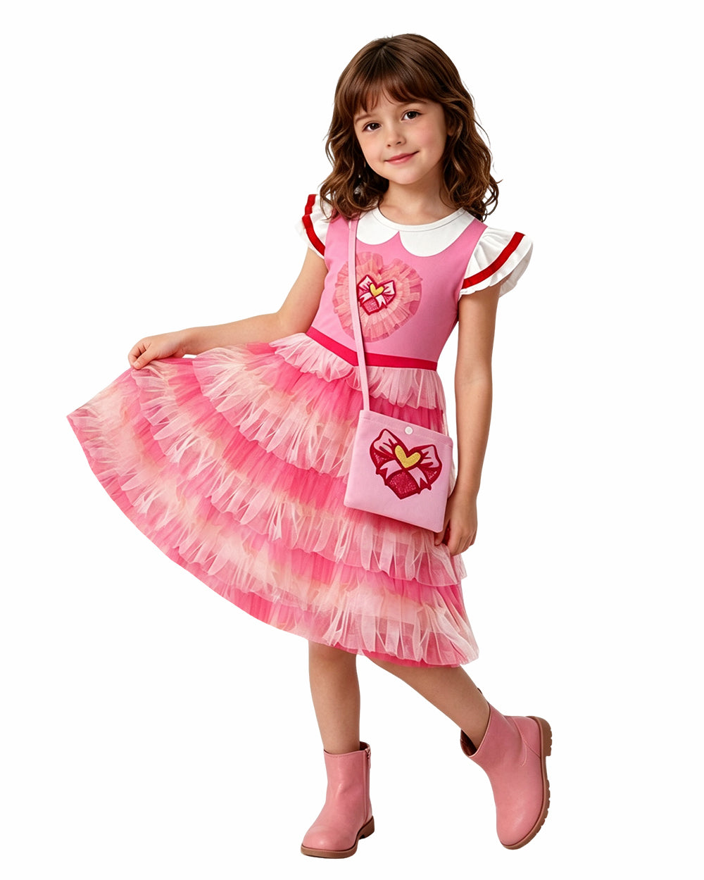 Toddler Girls Pink Princess Dress and Crossbag 2pcs Suit for Cosplay Events