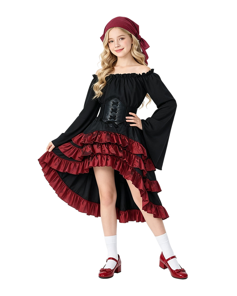 Girls Pirate Costume Off-Shoulder Top Corset Belt High-Low Ruffle Skirt and Headscarf 4pcs Set for Halloween Cosplay