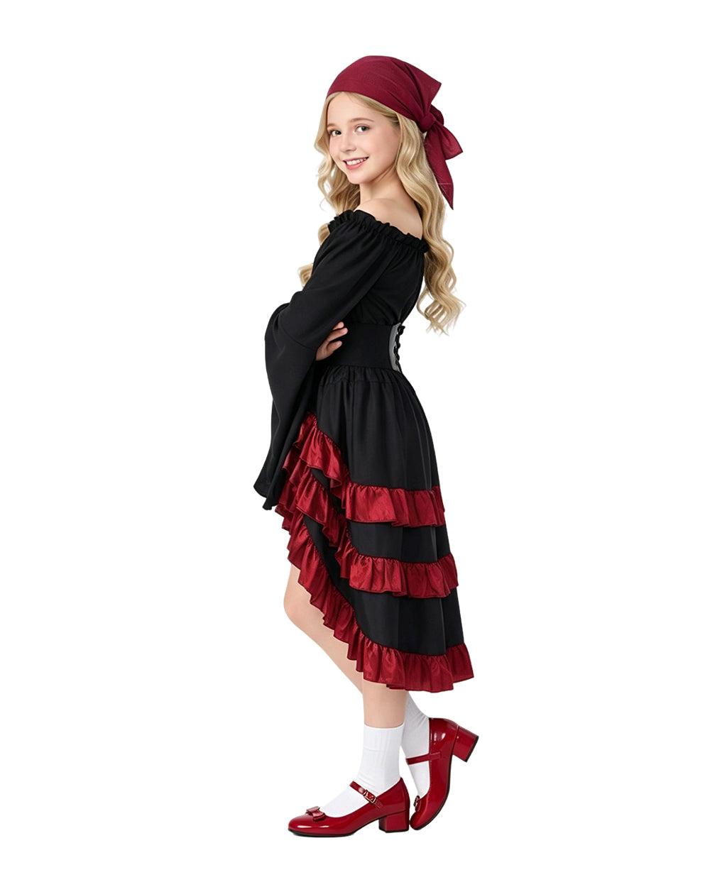 Girls Pirate Costume Off-Shoulder Top Corset Belt High-Low Ruffle Skirt and Headscarf 4pcs Set for Halloween Cosplay