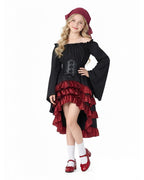 Girls Pirate Costume Off-Shoulder Top Corset Belt High-Low Ruffle Skirt and Headscarf 4pcs Set for Halloween Cosplay