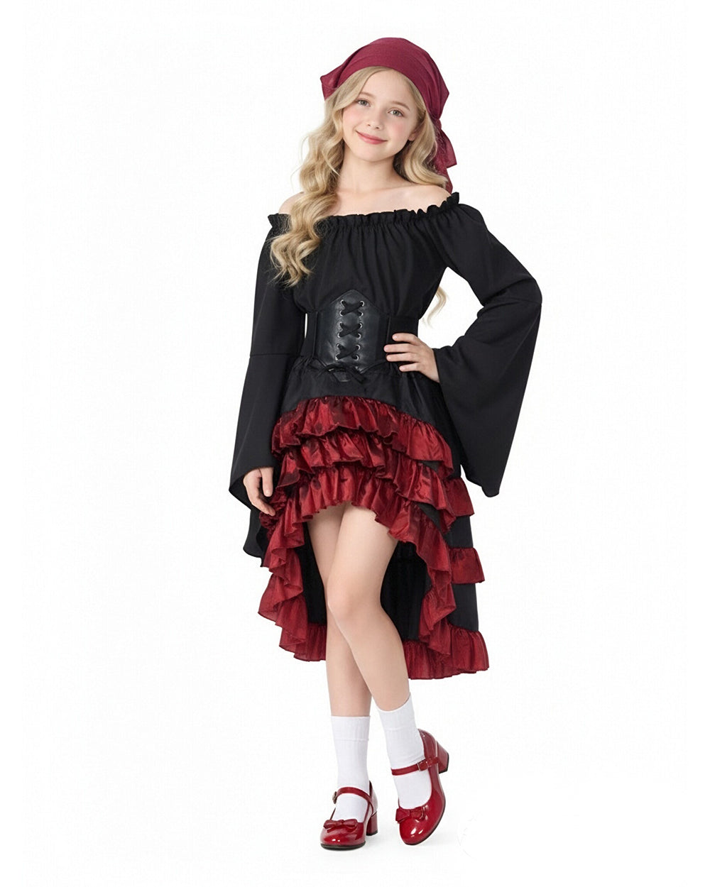 Girls Pirate Costume Off-Shoulder Top Corset Belt High-Low Ruffle Skirt and Headscarf 4pcs Set for Halloween Cosplay