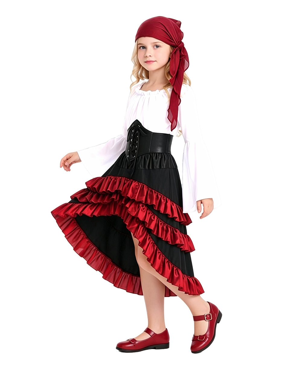 Girls Pirate Costume Off-Shoulder Top Corset Belt High-Low Ruffle Skirt and Headscarf 4pcs Set for Halloween Cosplay
