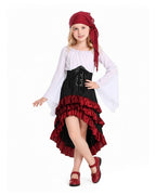 Girls Pirate Costume Off-Shoulder Top Corset Belt High-Low Ruffle Skirt and Headscarf 4pcs Set for Halloween Cosplay