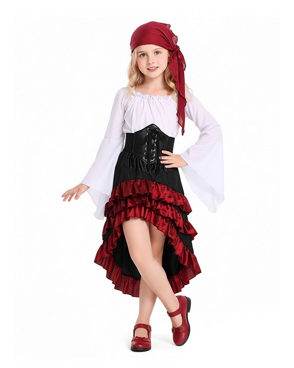 Girls Pirate Costume Off-Shoulder Top Corset Belt High-Low Ruffle Skirt and Headscarf 4pcs Set for Halloween Cosplay