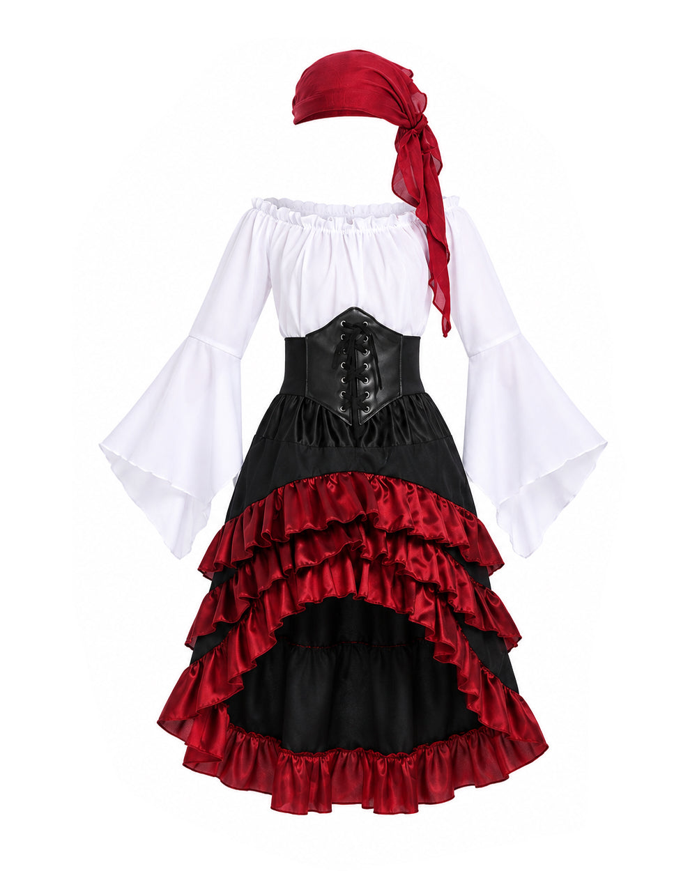 Girls Pirate Costume Off-Shoulder Top Corset Belt High-Low Ruffle Skirt and Headscarf 4pcs Set for Halloween Cosplay