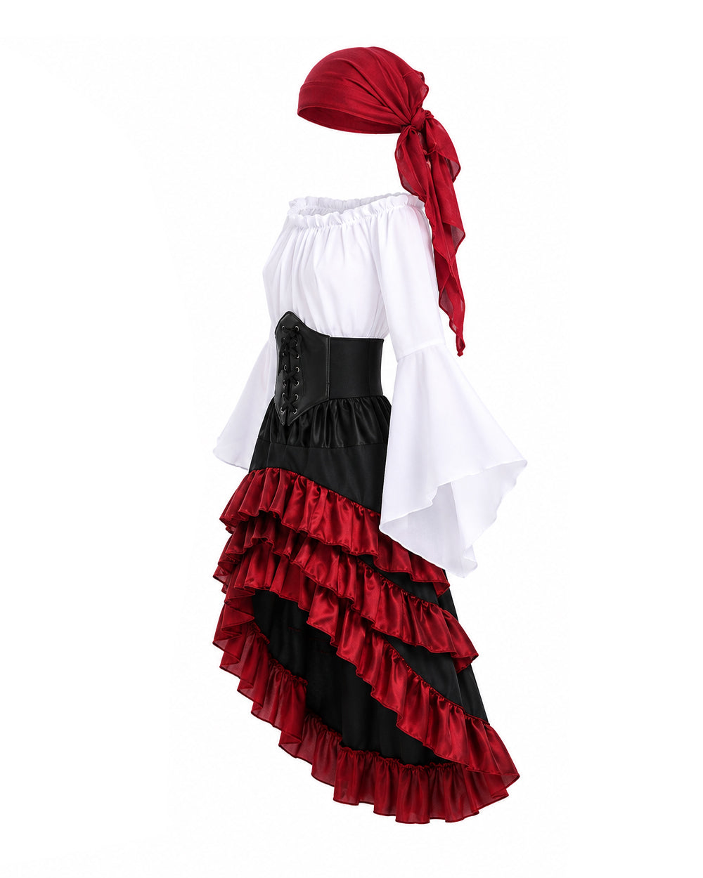 Girls Pirate Costume Off-Shoulder Top Corset Belt High-Low Ruffle Skirt and Headscarf 4pcs Set for Halloween Cosplay