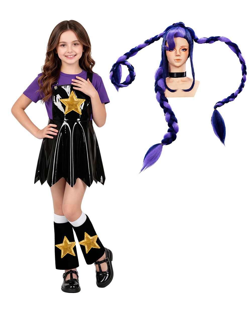 Girls Chapter 5 Lily Costume Horror Game 4-Piece Purple PU Leather Dress Shirt Leg Sleeves and Wig for Cosplay