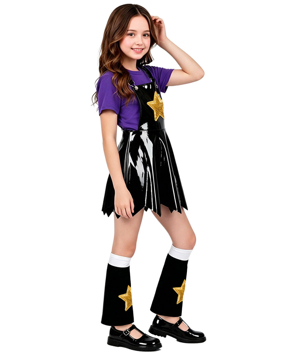 Girls Chapter 5 Lily Costume Horror Game 4-Piece Purple PU Leather Dress Shirt Leg Sleeves and Wig for Cosplay
