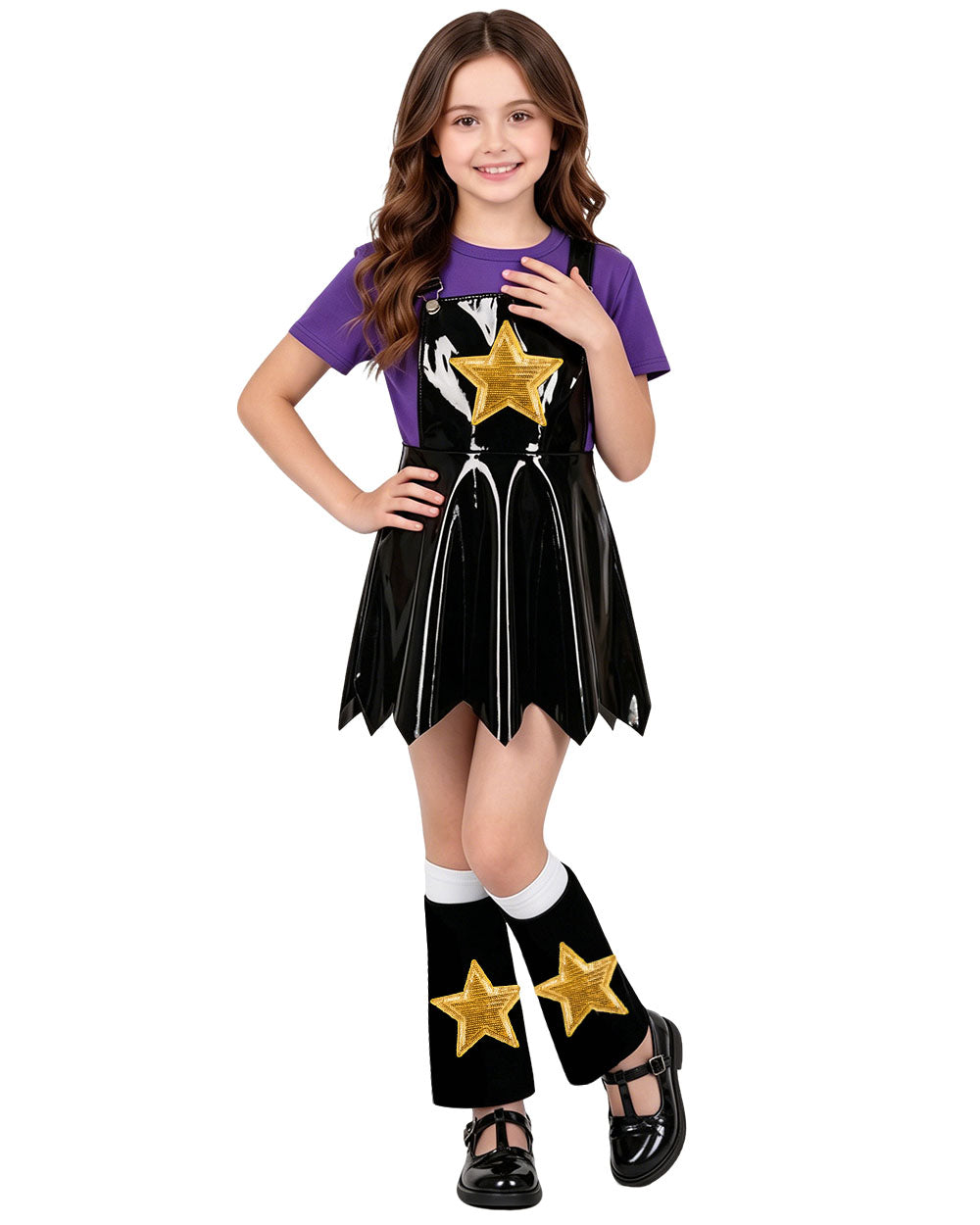 Girls Chapter 5 Lily Costume Horror Game 4-Piece Purple PU Leather Dress Shirt Leg Sleeves and Wig for Cosplay