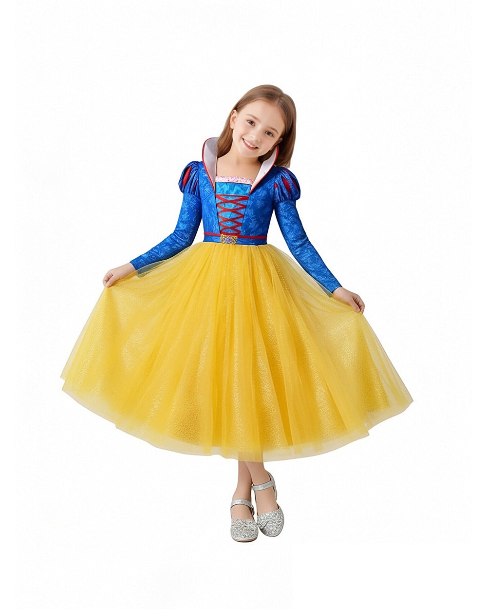 Kids Princess Dress Puff Long Sleeve Ball Gown Dress with Crown for Cosplay