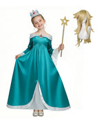 Girls Rosalina Costume The Galaxy Movie Turquoise Off-shoulder Princess Dress with Crown Star Wand and Wig for Cosplay