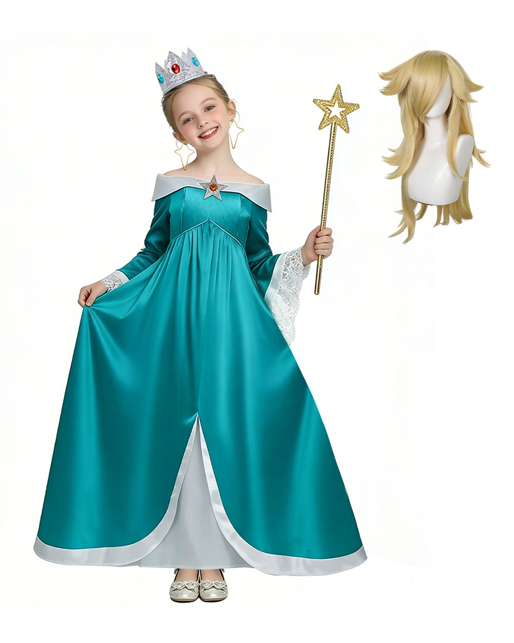 Girls Rosalina Costume The Galaxy Movie Turquoise Off-shoulder Princess Dress with Crown Star Wand and Wig for Cosplay