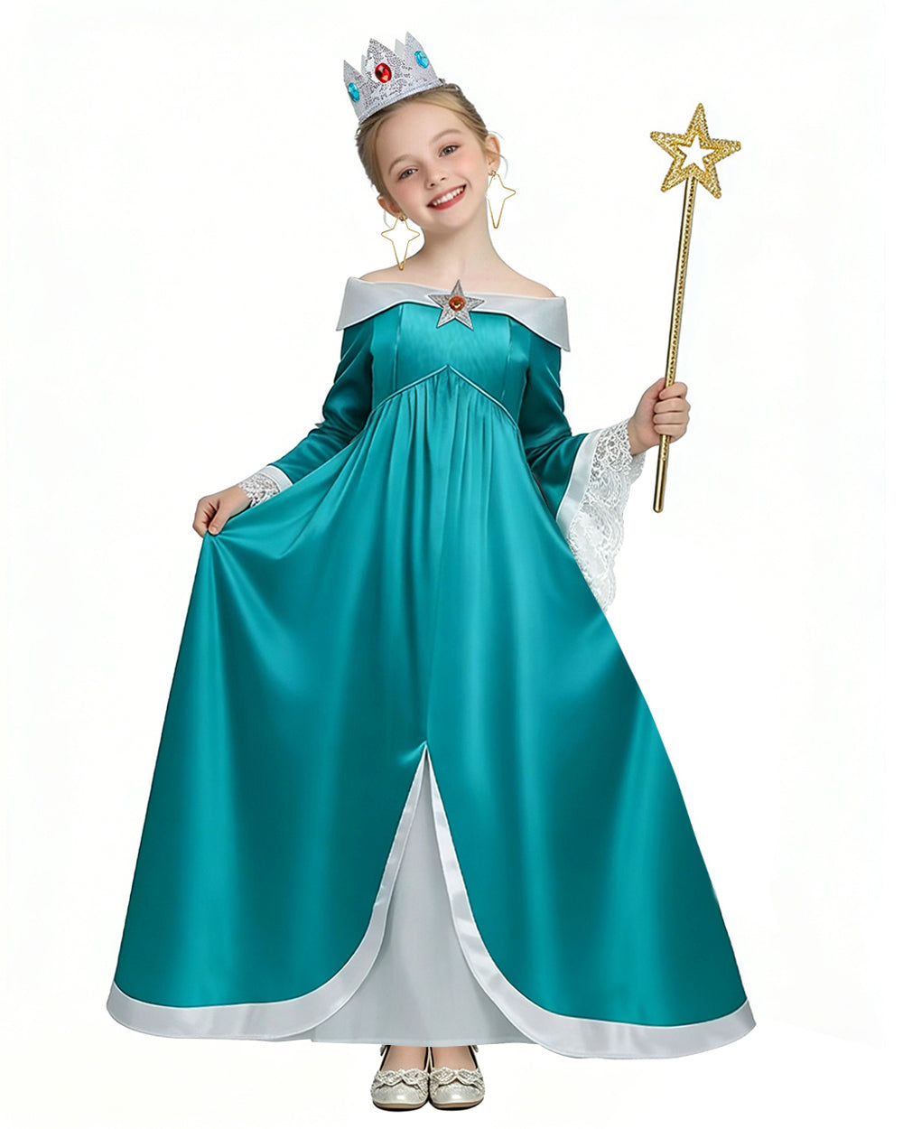 Girls Rosalina Costume The Galaxy Movie Turquoise Off-shoulder Princess Dress with Crown Star Wand and Wig for Cosplay