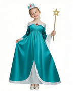 Girls Rosalina Costume The Galaxy Movie Turquoise Off-shoulder Princess Dress with Crown Star Wand and Wig for Cosplay