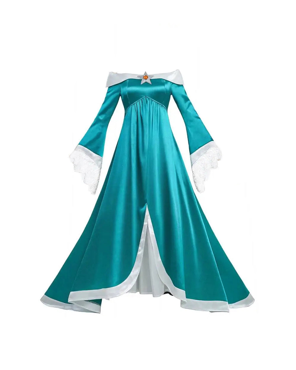 Girls Rosalina Costume The Galaxy Movie Turquoise Off-shoulder Princess Dress with Crown Star Wand and Wig for Cosplay