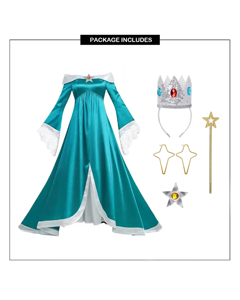 Girls Rosalina Costume The Galaxy Movie Turquoise Off-shoulder Princess Dress with Crown Star Wand and Wig for Cosplay