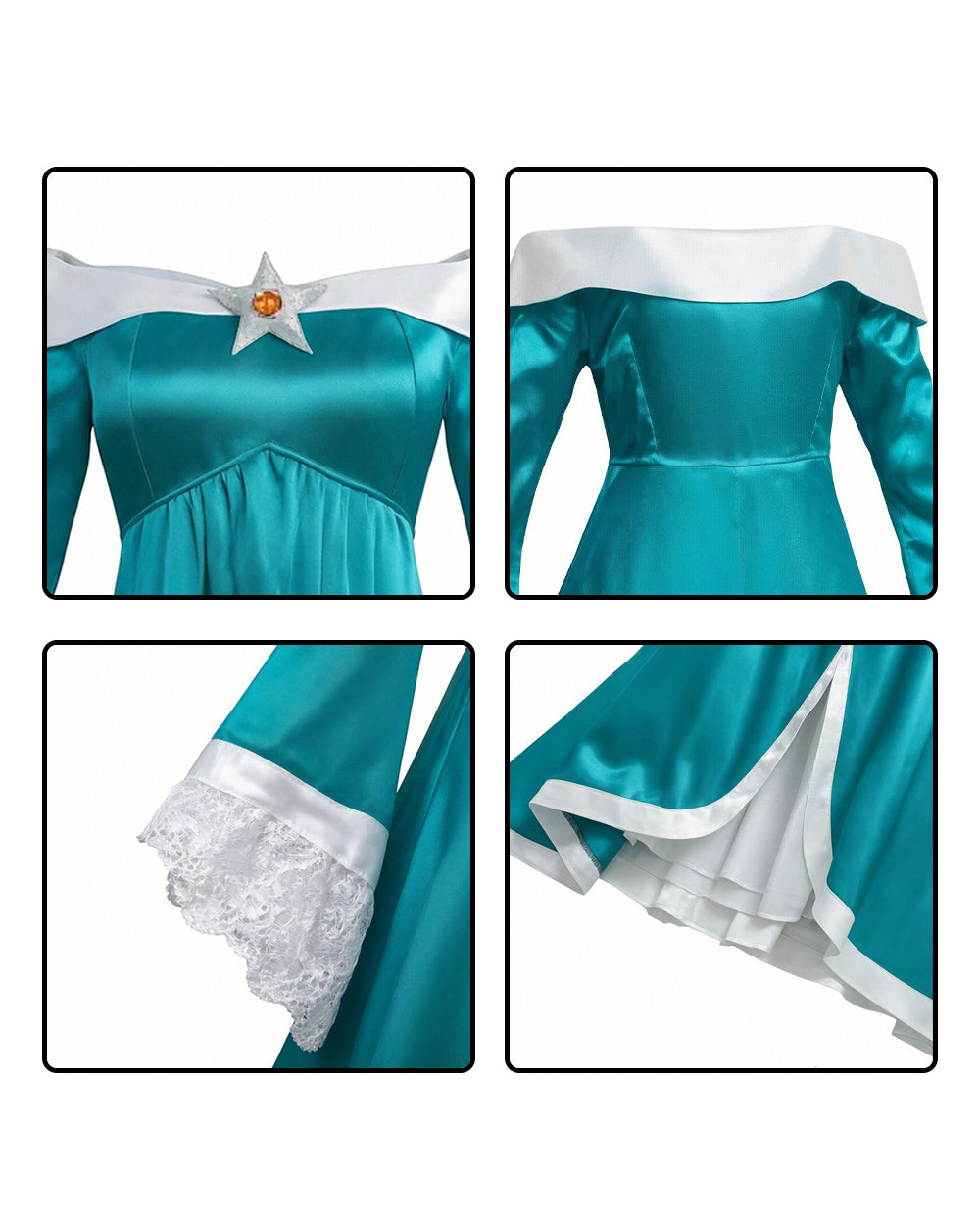 Girls Rosalina Costume The Galaxy Movie Turquoise Off-shoulder Princess Dress with Crown Star Wand and Wig for Cosplay