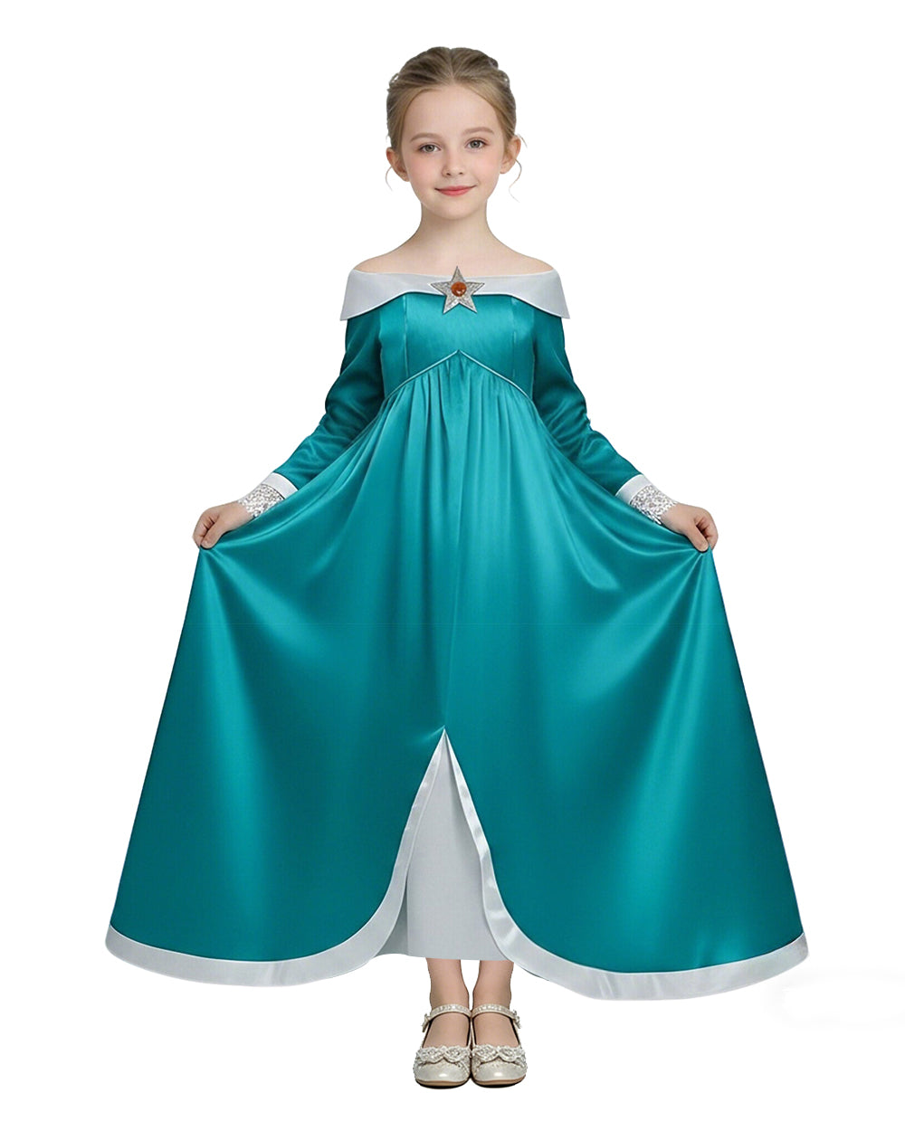 Girls Rosalina Costume The Galaxy Movie Turquoise Off-shoulder Princess Dress with Crown Star Wand and Wig for Cosplay