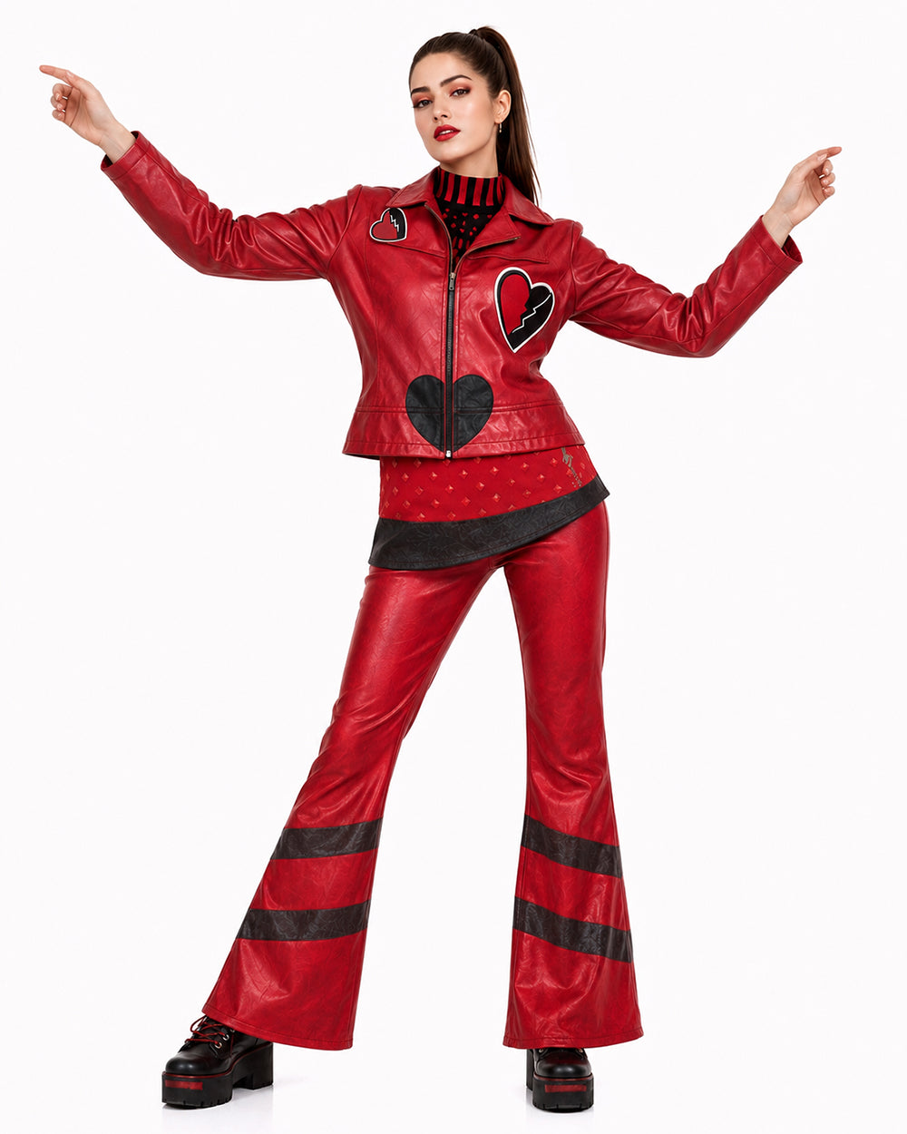 Red Princess Costume Queen of Hearts Daughter Metallic Shiny Jacket Shirt Pants 3pcs Suit for Dress-up Party