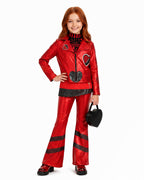 Red Princess Costume Queen of Hearts Daughter Metallic Shiny Jacket Shirt Pants 3pcs Suit for Dress-up Party