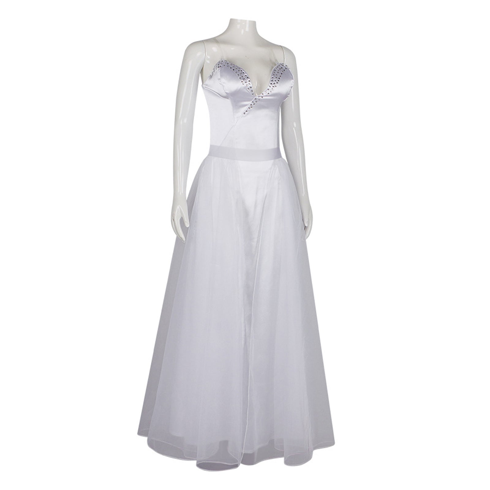 Wedding Princess Dress Adult White Witch Costume Satin Bridal Gown with Crystal Bodice and Tiara