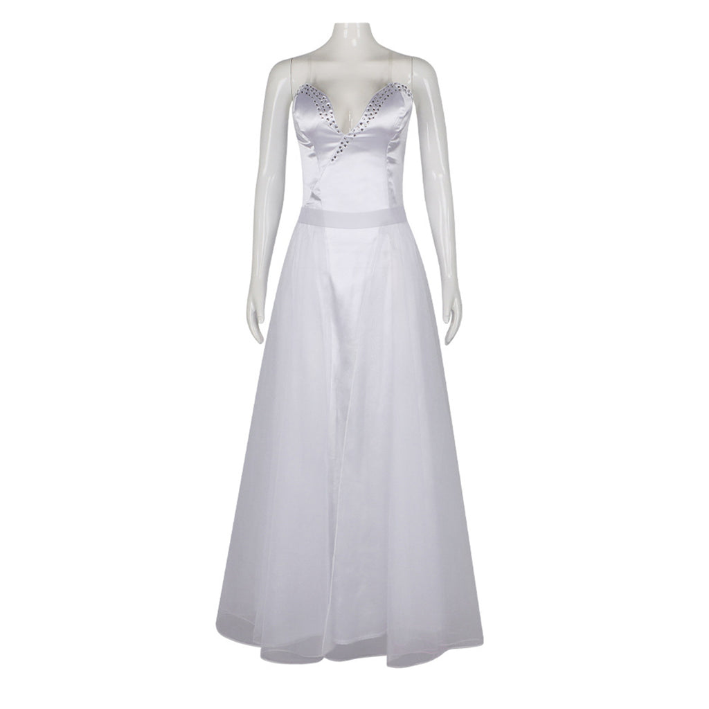 Wedding Princess Dress Adult White Witch Costume Satin Bridal Gown with Crystal Bodice and Tiara