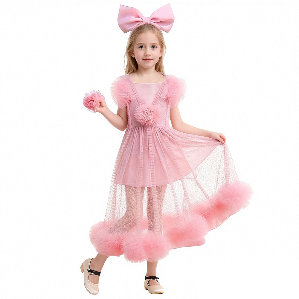 Girls Glinda Dress Good Witch Pink Princess Flowered Ruffled Tulle Gown with Camisole Slip