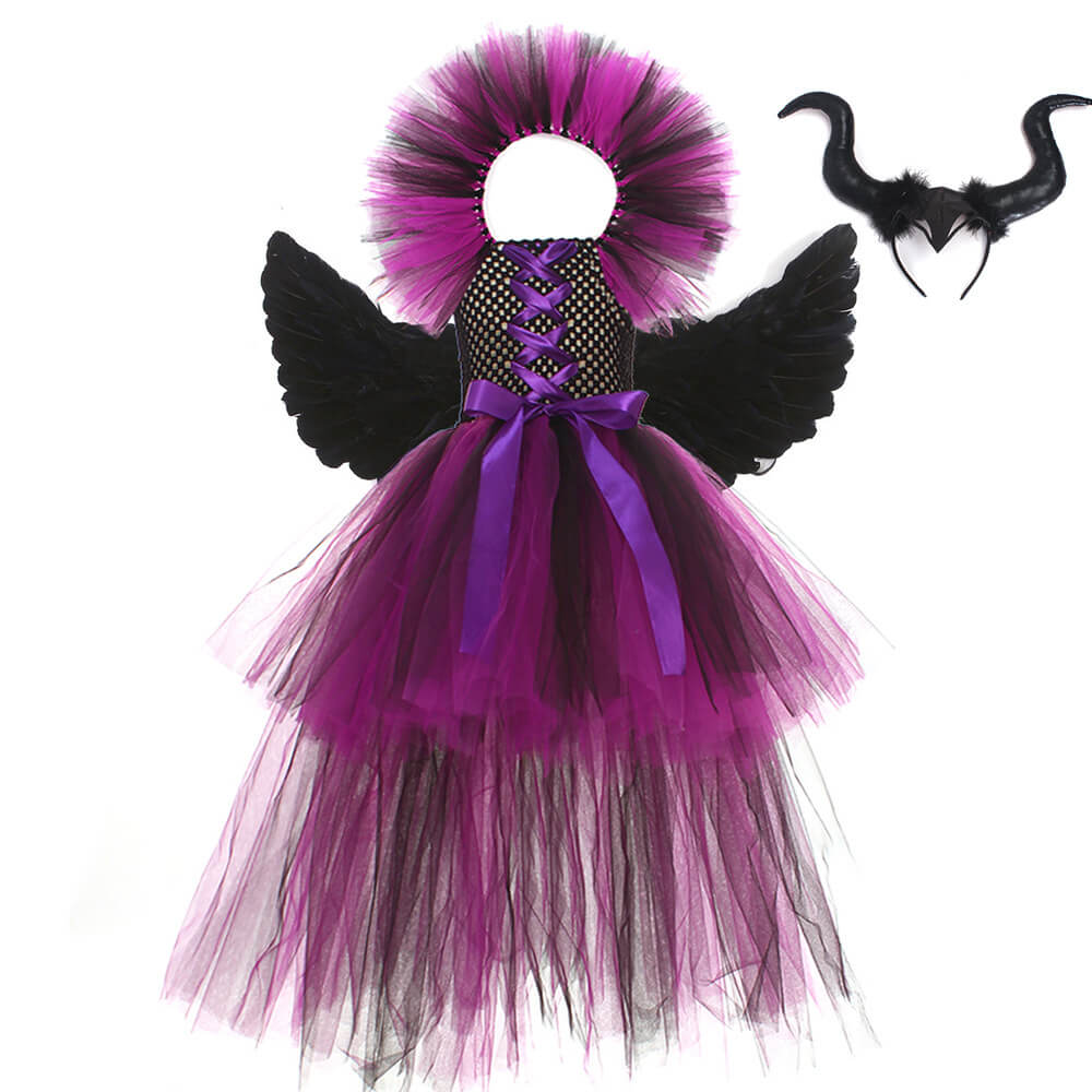 Girls Witch Costume Evil Queen High-low Tutu Dress with Horns Headband and Witch Wings for Cosplay