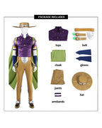 JJBA Spin Master Costume Purple Top with Green Cloak Pants and Hat for Cosplay Events