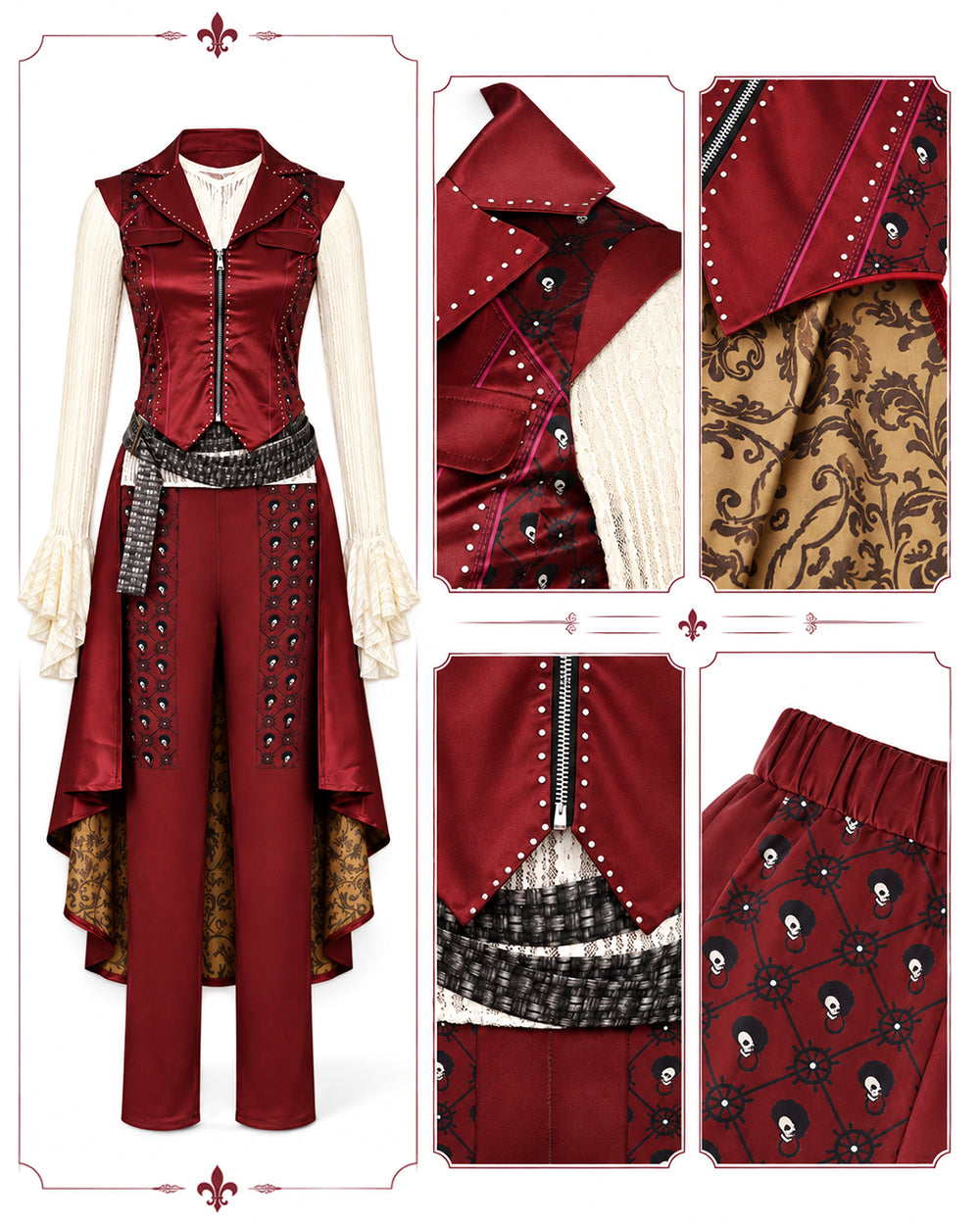 Wonderland Captain's Daughter Costume Hook Pirate Princess Vest with Attached Cape Pants Shirt and Belt for Halloween Party