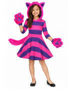Girls Grinning Cat Costume Purple Hooded Dress and Paw Mitts 2pcs Set for Halloween Cosplay