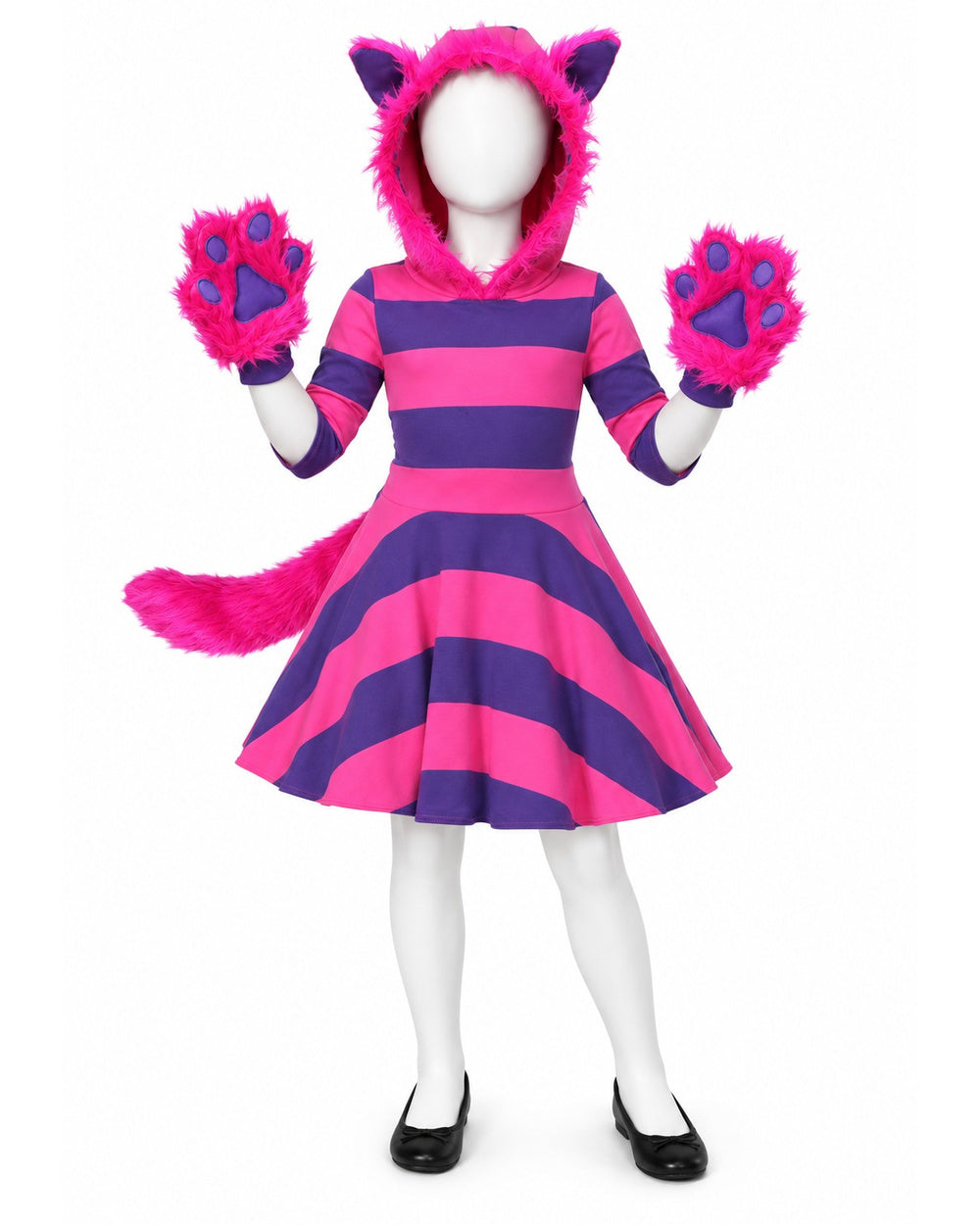 Girls Grinning Cat Costume Purple Hooded Dress and Paw Mitts 2pcs Set for Halloween Cosplay