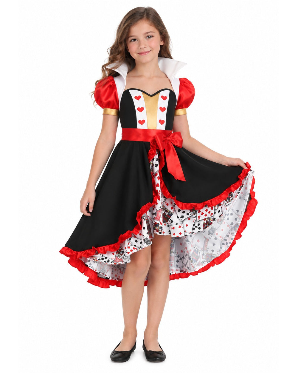 Girls Frilly Queen of Hearts Costume Dress Jacket Necklace Crown and Belt 5pcs Set for Halloween Party