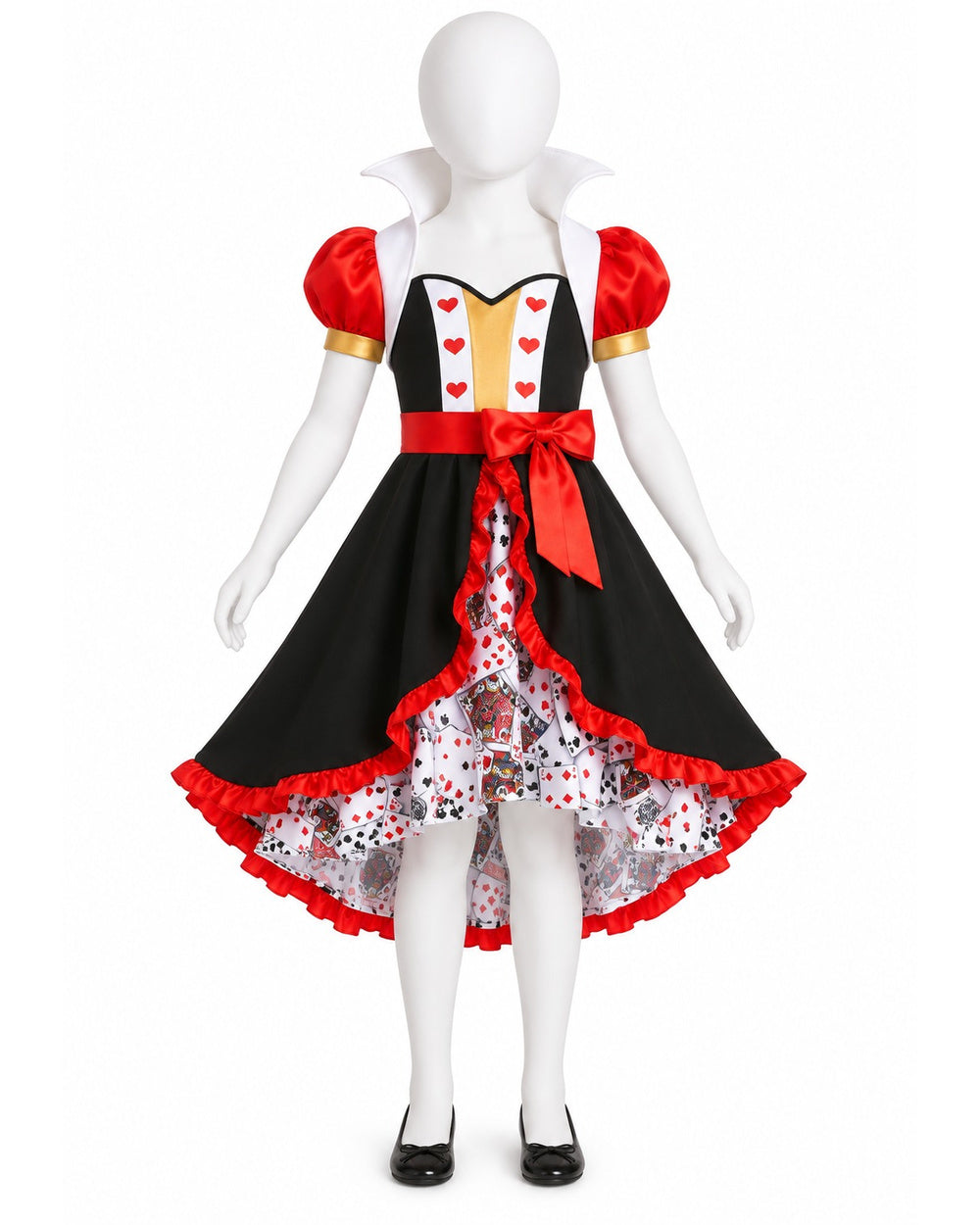 Girls Frilly Queen of Hearts Costume Dress Jacket Necklace Crown and Belt 5pcs Set for Halloween Party