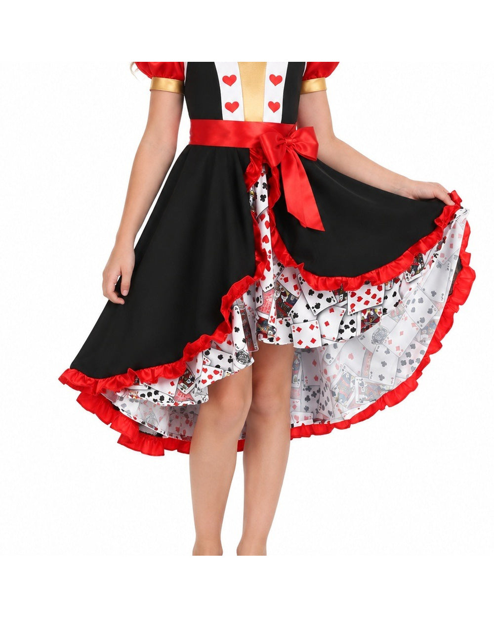 Girls Frilly Queen of Hearts Costume Dress Jacket Necklace Crown and Belt 5pcs Set for Halloween Party