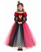 Girls Queen of Hearts Costume Dress Crown Choker 3pcs Set for Halloween Party