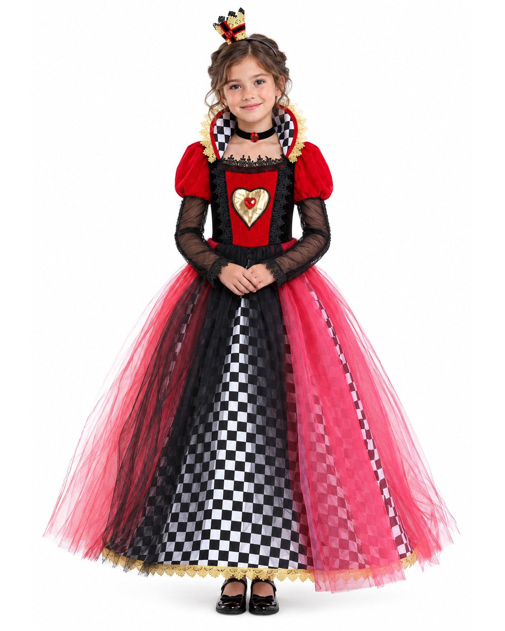 Girls Queen of Hearts Costume Dress Crown Choker 3pcs Set for Halloween Party