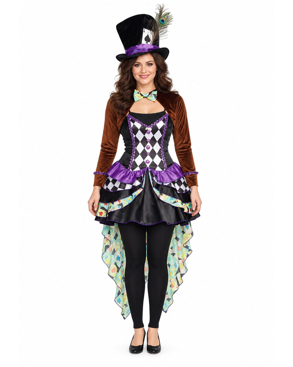 Women The Hatter Costume Dress Hat Gloves Stocking and Shrug 5pcs Set for Halloween Cosplay